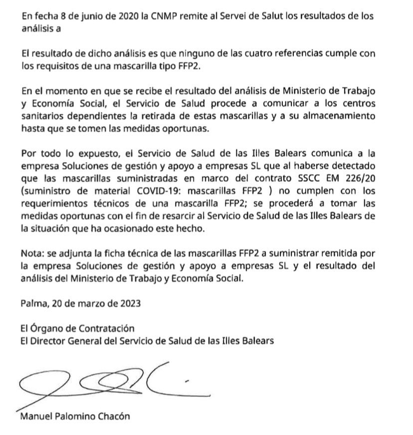 vitoquiles's tweet photo. 🔴 El Gobierno de Armengol dejó constancia en una carta enviada a la empresa del clan Koldo que descubrió el 8 de junio de 2020 que sus mascarillas no servían para nada. 

4 meses después optó a fondos europeos certificando que eran perfectas.

Todos deben acabar en prisión. https://t.co/5HvnSUlTCc