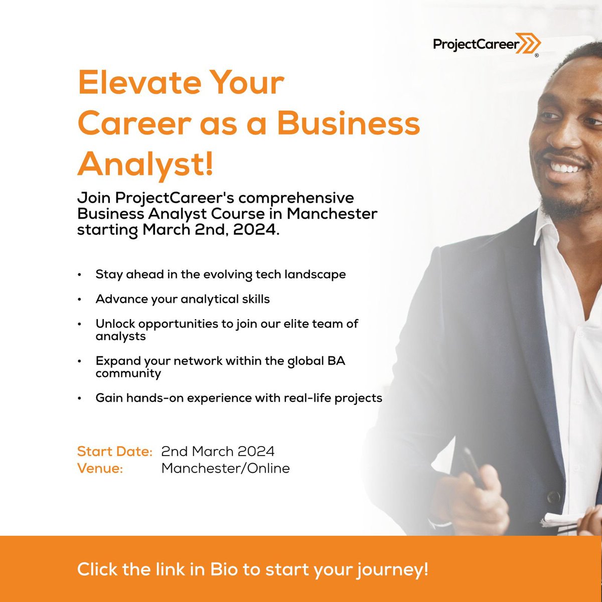 Transform your career and become a skilled Business Analyst! Join ProjectCareer’s dynamic course in Manchester starting March 2nd, 2024. Elevate your skills, connect with a global community, and open doors to exciting opportunities.

#BusinessAnalyst #CareerGrowth