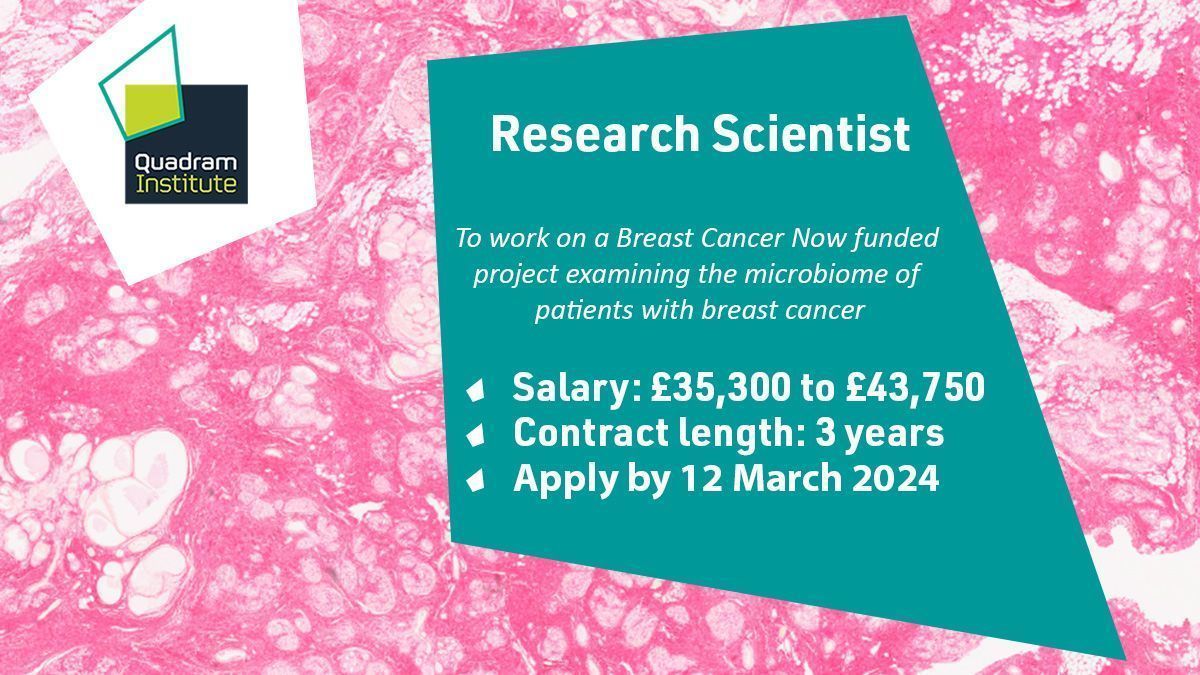 We’re looking for a Research Scientist to join @RobinsonLab_QIB to work on a @BreastCancerNow funded project examining the microbiome of patients with hormone receptor positive breast cancer. 💷 £35,300 to £43,750 🗓️ Apply by 12 March 2024 ➡️ buff.ly/3UJBINI