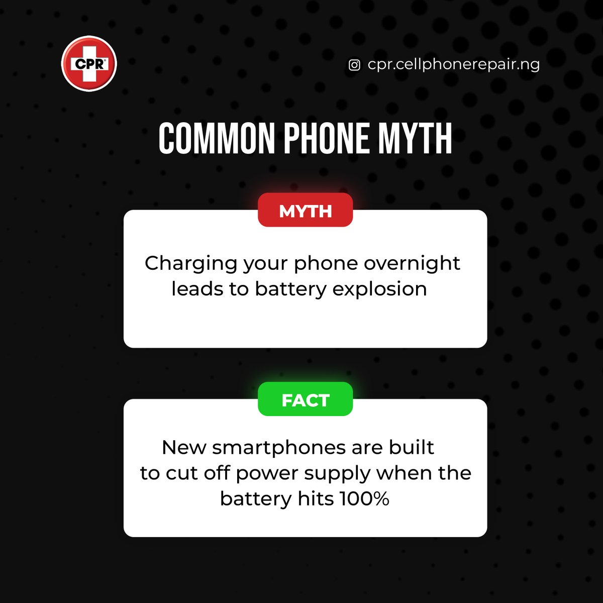 Don't lose sleep over your plugged phone. It has powerful safety circuits to prevent overcharging. So go ahead, charge overnight, and wake up to a fully charged phone. Share this post and help us debunk common phone myths! Follow CPR for more exciting phone facts. #CPR