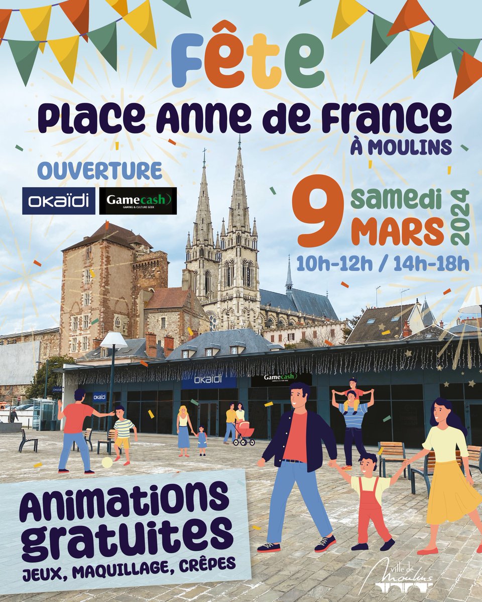 Rendez-vous le samedi 9 mars, place Anne de France à #Moulins, pour l'ouverture de vos magasins #Okaïdi et #Gamecash 🤩 De nombreuses animations gratuites vous attendent : jeux, maquillage, crêpes... et bien d'autres surprises 🎉