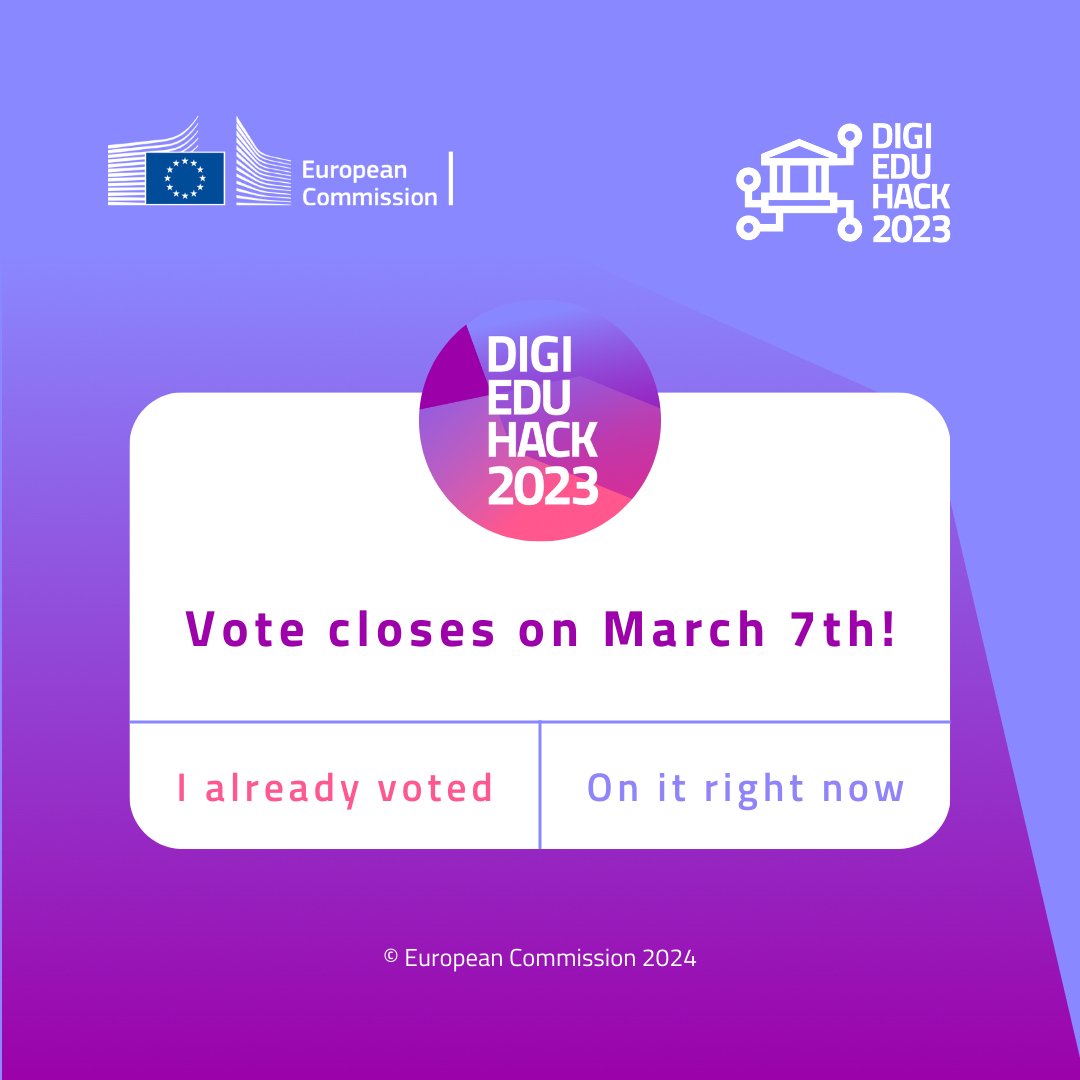 ⏳ Important info: the public voting for the #DigiEduHack 2023 Global Winners will conclude on the 7th of March. Make sure to vote before then! Go to digieduhack.com/vote & support the most innovative solution! 🚀🔗 #VoteNow #EUDigitalEducation #DEAP #Hackathon