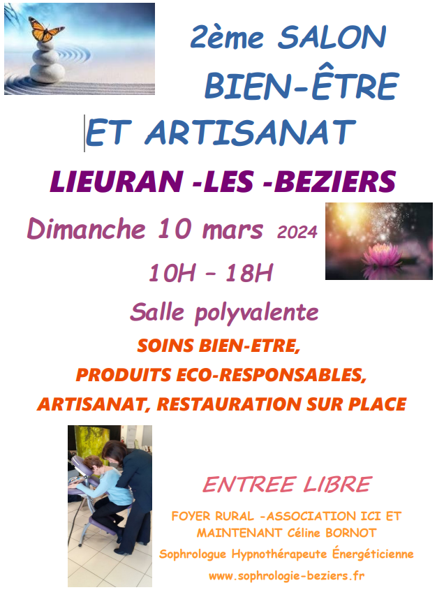 #LIEURAN LES BÉZIERS - Salon du Bien être et artisanat 📷
Dimanche 10 mars de 10h à 18h
Salle polyvalente - Foyer rural