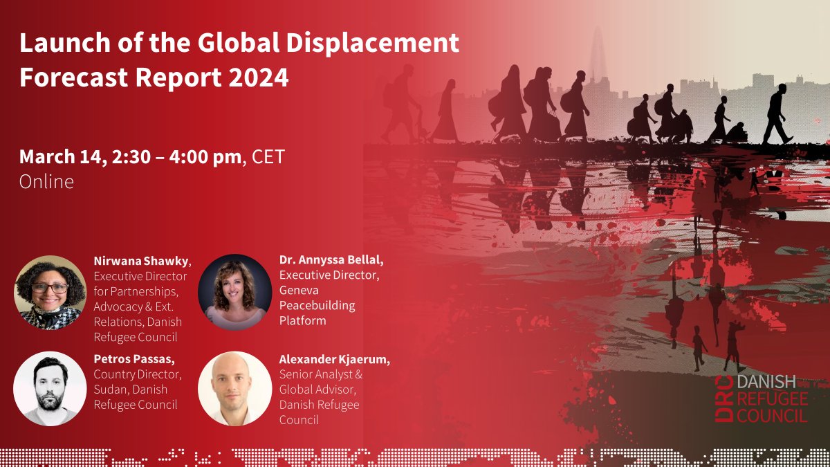 DRC_ngo's tweet photo. We are excited to invite you to online launch of our Global Displacement Forecast report 2024. The report provides forced #displacement forecasts for coming two years around the 🌍using an #AI model and explores link between #IHL and displacement. Sign up: https://t.co/anJfY0kXKw https://t.co/0041zYqtGi