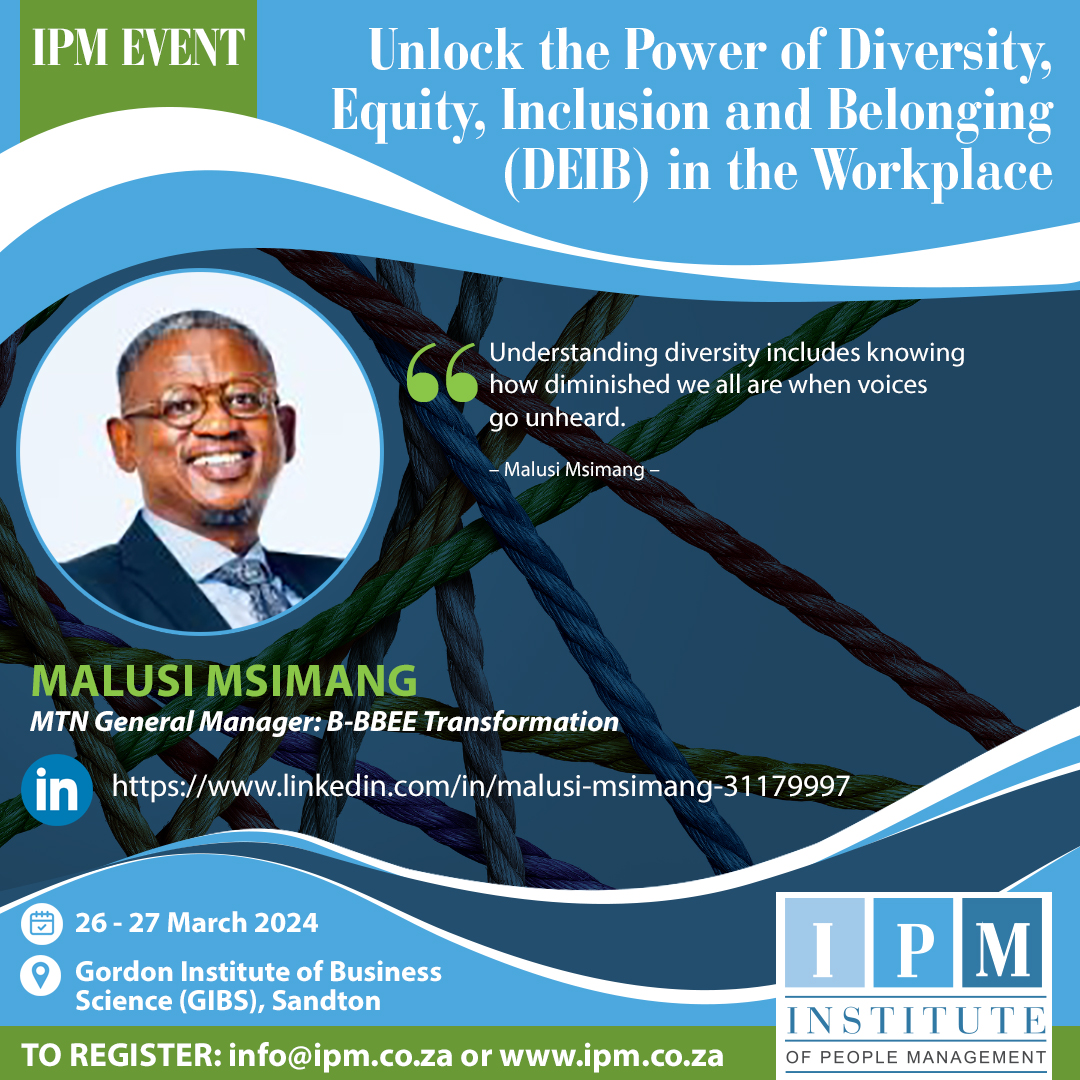 IPM4PEOPLE's tweet photo. Join us at #IPMDEIBEvent as we welcome Malusi Msimang, MTN General Manager: B-BBEE Transformation, for a captivating presentation on "ESD: Accelerator Program." Gain valuable insights into accelerating economic transformation and empowering emerging businesses. Don't miss out ! https://t.co/bO1OrGeF0Q