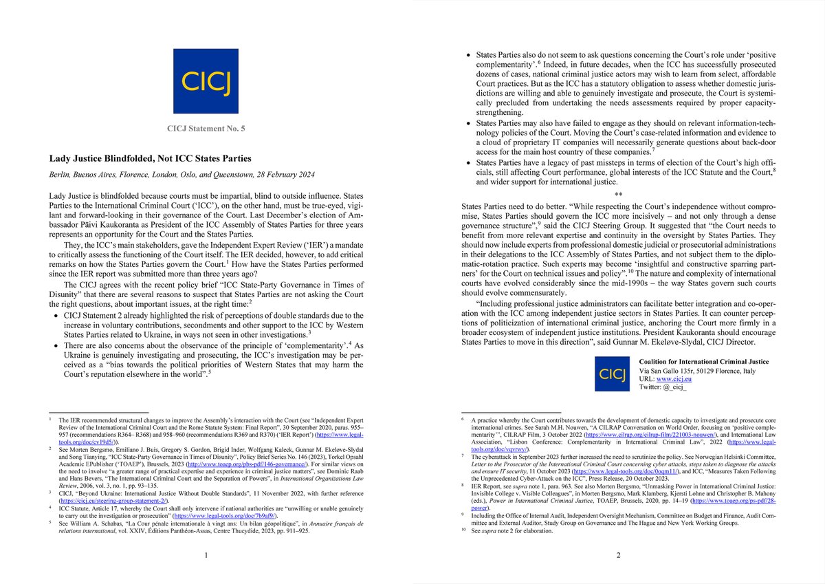 Coalition for International Criminal Justice (@_cicj_) on Twitter photo 'Lady Justice Blindfolded, Not ICC States Parties’: cicj.eu/statement-5/ invites States Parties to govern the <a href="/IntlCrimCourt/">Int'l Criminal Court</a> more incisively by “asking the Court the right questions, about important issues, at the right time”, using domestic judicial-administration experts. 'Lady Justice Blindfolded, Not ICC States Parties’: cicj.eu/statement-5/ invites States Parties to govern the <a href="/IntlCrimCourt/">Int'l Criminal Court</a> more incisively by “asking the Court the right questions, about important issues, at the right time”, using domestic judicial-administration experts.