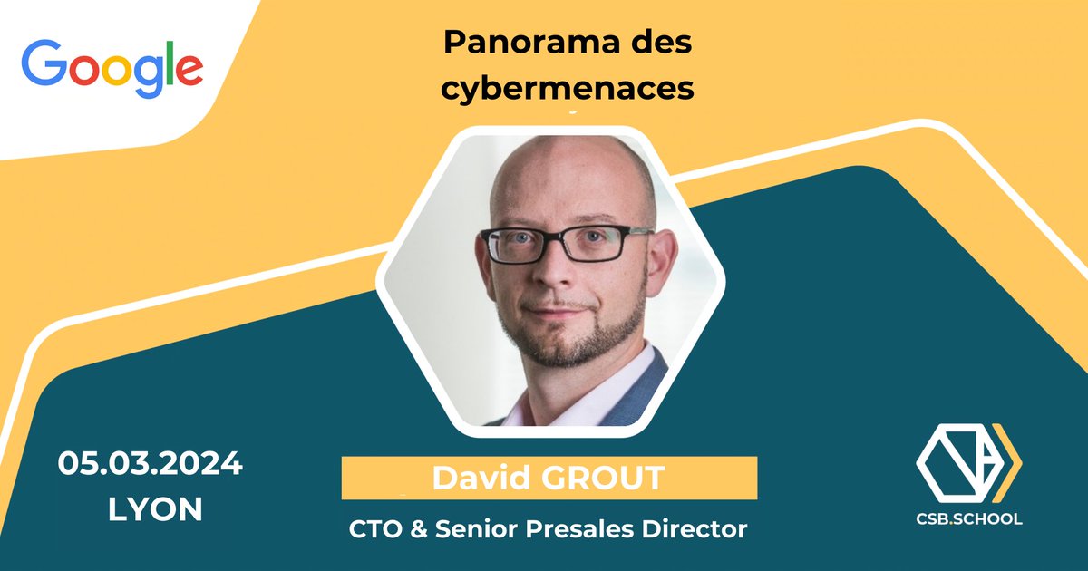 CSB_SCHOOL's tweet image. Le 5 mars David Grout, CTO &amp;amp; Senior Presales Director pour @GoogleCloud_FR animera une conférence sur le thème &quot;Panorama des cybermenaces&quot; aux étudiants actuels et futurs de notre campus.

De quoi s&apos;informer et commencer son réseau professionnel ✅

#cybermenaces #csbtalks