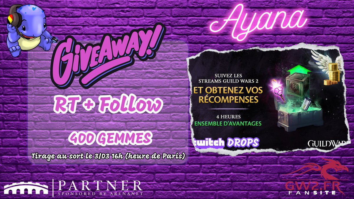 Ayana_Cin's tweet photo. Nouvelle MàJ #GuildWars2 #GW2SotO
Pour cette occasion, un petit #Giveaway !
💜 RT + Follow
🎁 400💎
🕓TAS : 3/03 16h (CET)
⚠️ Les comptes Steams ne sont pas éligibles
Toute cette semaine, rejoignez- moi ⏩ https://t.co/NWR2uuZXAv et profitez des DROPS #twitch
Vous recevez après 4 heures :
📌5 comptoirs express
📌5 marchands express
📌5 accès express à la banque
📌1 clé d'accès au Sanctuaire de Gardebrume (2 semaines)
Assurez-vous de lier vos compte #GW2 et #Twitch
Giveaway sponsorisé par @ArenaNet & @GW2_FR