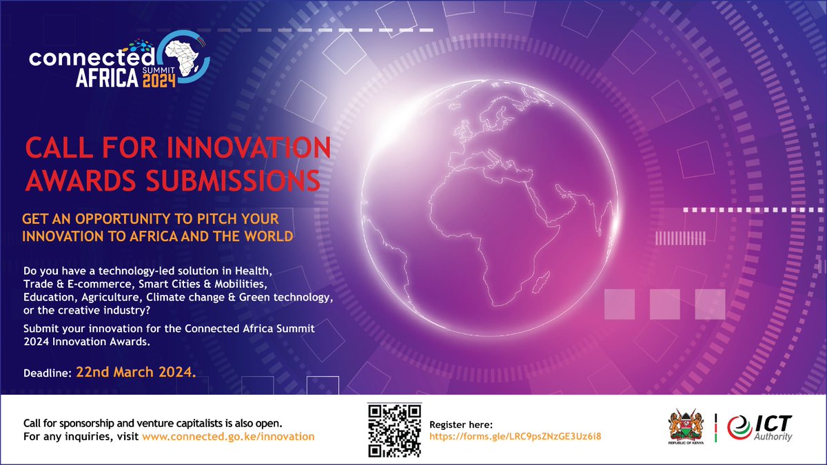 📢Call for Applications. Get an opportunity to pitch your innovation to Africa 🌍and the world🗺️at #ConnectedAfricaSummit2024. Application link🔗: forms.gle/gBJ1vJCGahW6BC… Deadline: 22nd March 2024