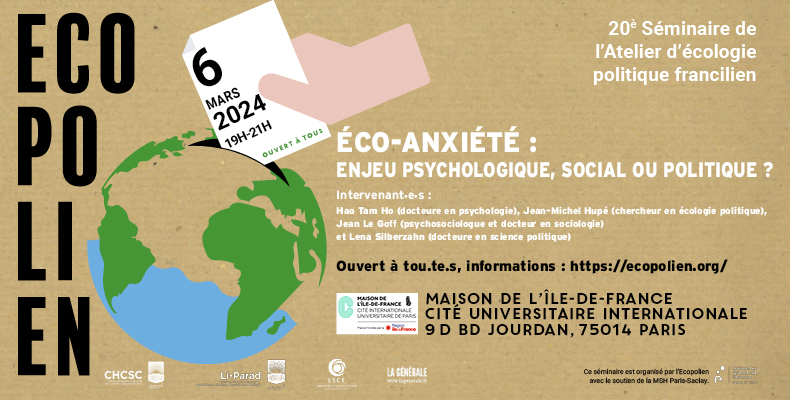 Ne ratez pas le prochain séminaire public de l’écopolien sur l'éco-anxiété le 6 Mars à 19h à la Cité Internationale à Paris.

ecopolien.org/2024/02/semina…