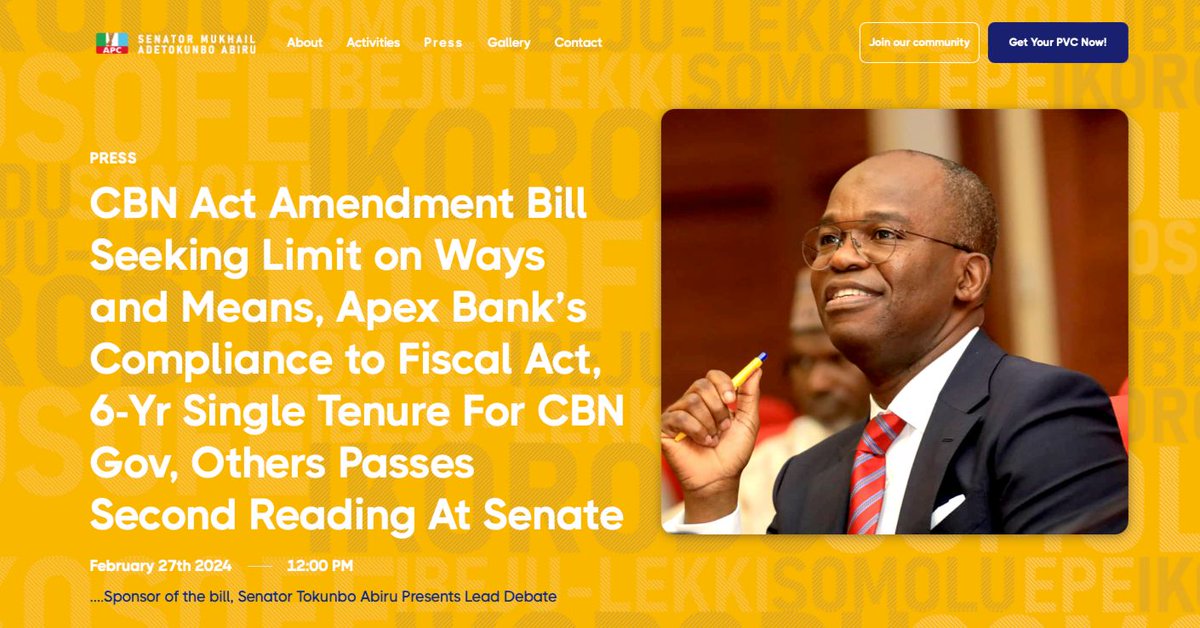 CBN Act Amendment Bill Seeking Limit on Ways and Means, Apex Bank’s Compliance to Fiscal Act, 6-Yr Single Tenure For CBN Gov, Others Passes Second Reading At Senate

 ...Sponsor of the bill, Senator Tokunbo Abiru Presents Lead Debate 

tokunboabiru.org/press/121

 #DoingGood