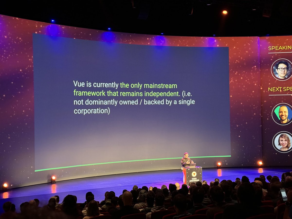 It’s morning at <a href="/vuejsamsterdam/">Vuejs Amsterdam</a> and <a href="/youyuxi/">Evan You</a> is speaking truth: <a href="/vuejs/">Vue</a> is the last major independent framework out there and there are no plans to change that.

Consider that next time you spin up your next project.