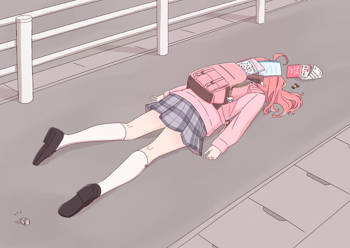 sakura miko 1girl skirt solo fallen down pink hair failure socks  illustration images