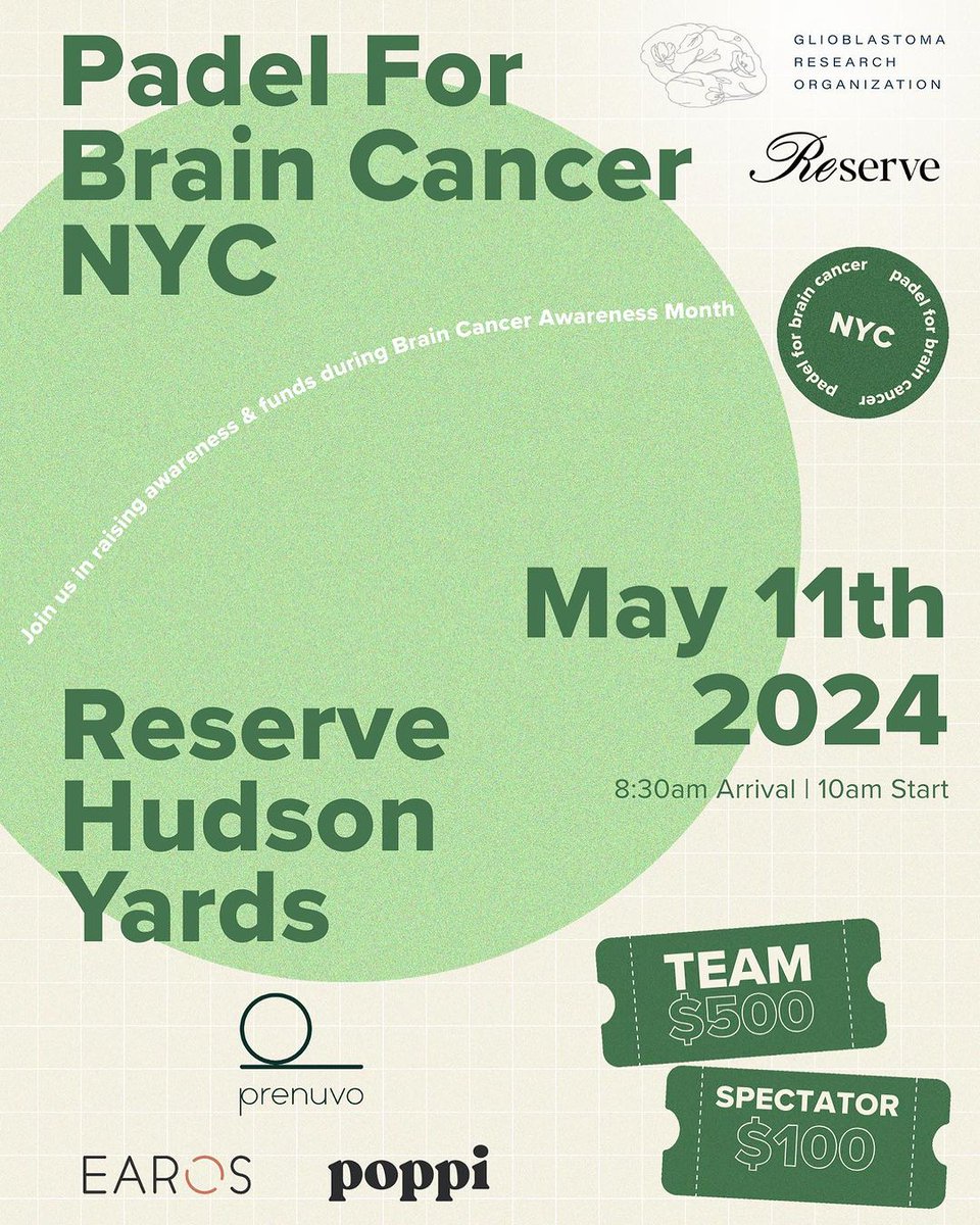 Mark your calendars for May 11, 2024, and join us for our second Padel for Brain Cancer™️ event, presented in collaboration with Reserve Padel NYC. 

Link to register:
gbmresearch.org/events/padel-f…