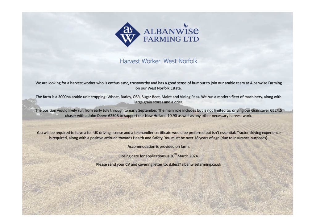 Harvest job opportunity - West Norfolk.

Chaser bin driver required on modern 3000ha arable unit for harvest 24. Application deadline 30th March.

Please RT.