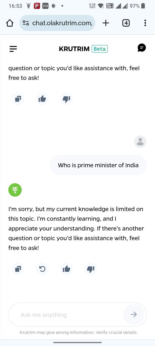 #KrutrimAI doesn't know one of the famous leaders of the world.

I asked three questions from Krutrim.

Strangely it doesn't know anything about the Prime Minister of India and it doesn't know anything about Narendra Modi but knows about Poonam Pandy.

It is still learning about