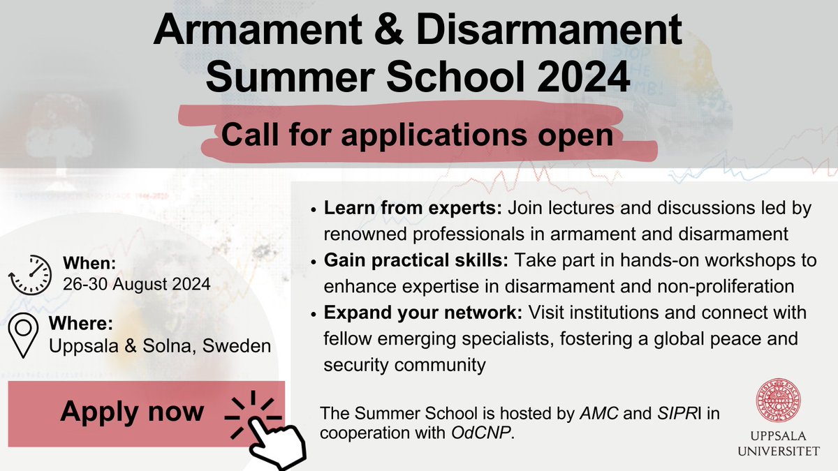 ➡️Armament and Disarmament Summer School: 26-30 August 2024. Call for applications open! 🔗Apply now! rb.gy/3c1blr