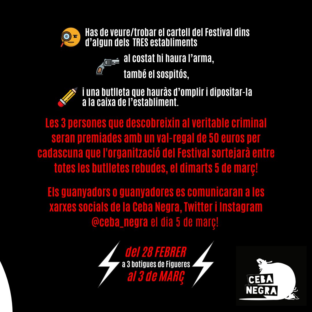 ComercFigueres's tweet photo. Posa a prova la teva astúcia i habilitat perquè allà trobaràs
🐈‍⬛el cartell,
🔫l'arma,
😇el sospitós
✏️i una butlleta per omplir, diposita-la a la botiga on l'has trobada que podràs guanyar un dels tres vals regal de 50€ de #comerçfigueres. https://t.co/UXyUgXpBWG