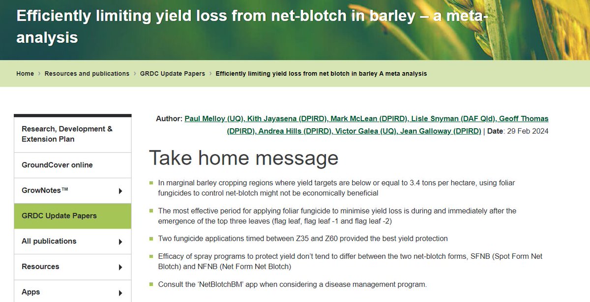 .<a href="/PaulMelloy/">Paul Melloy</a> <a href="/UQ_News/">UQ News</a> is speaking on his work looking at a meta-analysis to efficiently limit yield loss from net-blotch in barley
Paper: bit.ly/4bwyTpg
#GRDCUpdates #Dubbo