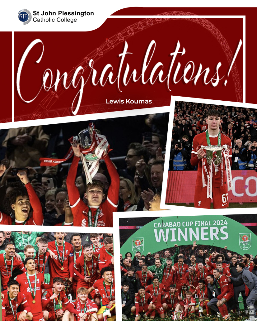 Huge congratulations to former St John Plessington pupil @LewisKoumas on being part of the @LFC Carabao Cup winning Squad. Everyone at St John Plessington is incredibly proud and is looking forward to watching your career progress!