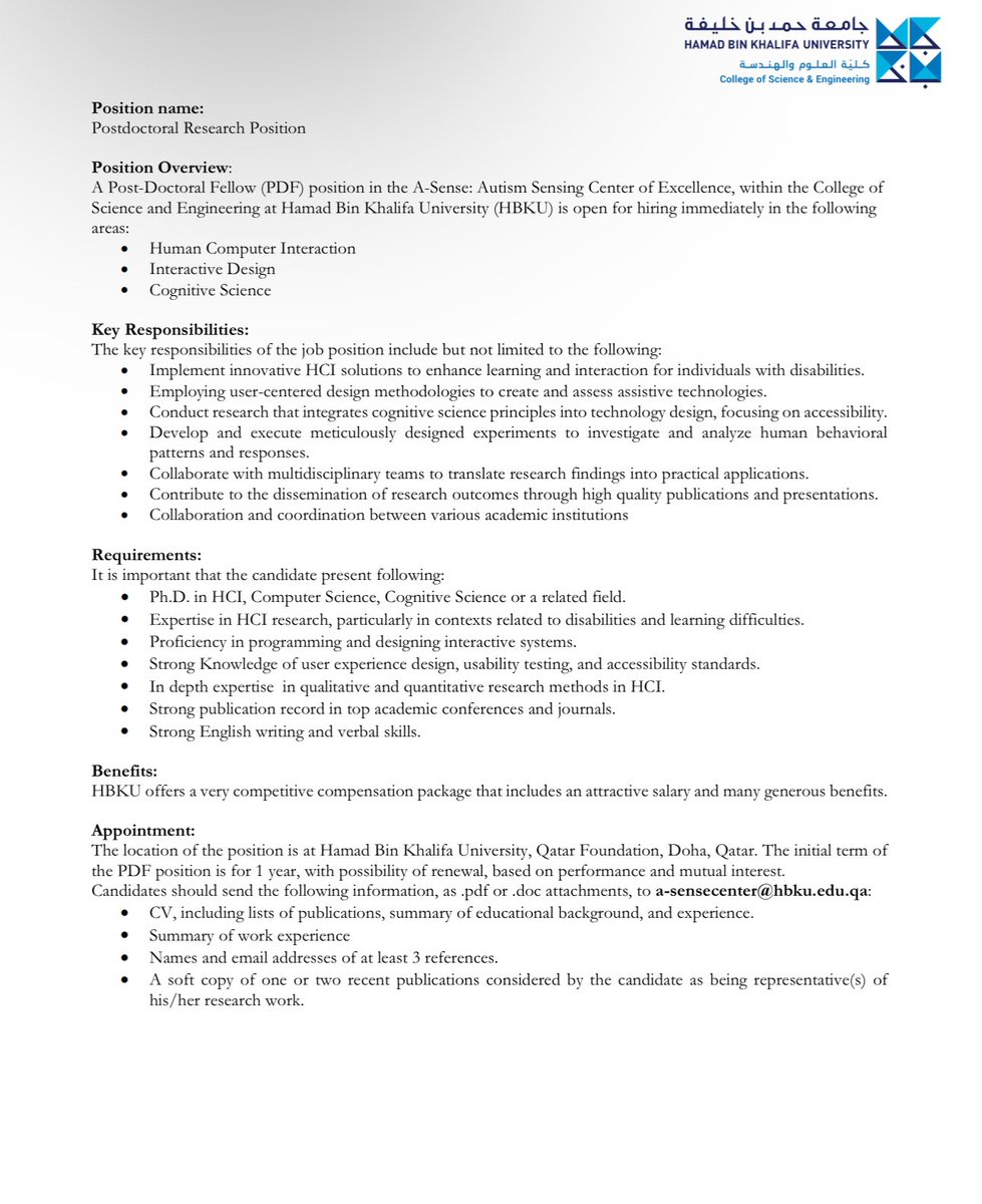 🌐** PostDoc Researcher Opportunity in #AI and Human-Computer Interaction #HCI ** We're looking for a talented Postdoctoral Researcher Fellow (PDF) to join our dynamic team at the #Autism Sensing Center (A-Sense) in the College of Science and Engineering at Hamad Bin Khalifa