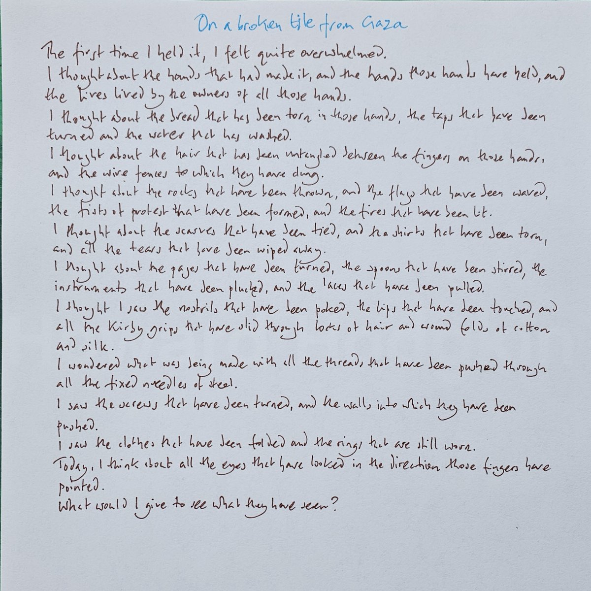 The book is extraordinary, as everyone says. Beware, though. It's boobytrapped. Not this passage, however, which I’ve written out as a poem, as a psalm, which is what it is. The whole book is biblical. Fierce subjectivity burns itself into glass.