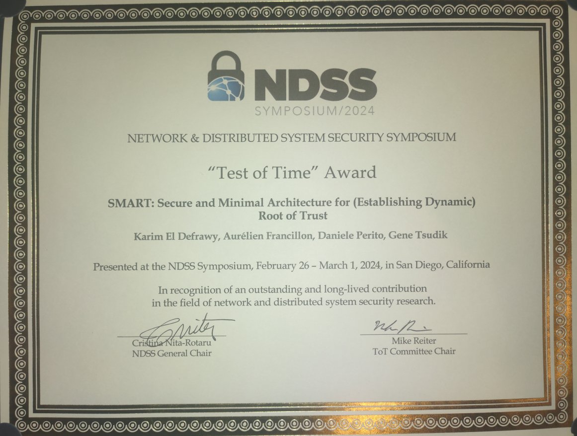 EURECOM - Library (@gwencomte) on Twitter photo Congratulations to Karim El Defrawy, <a href="/aurelsec/">Aurélien Francillon</a> , Daniele Perito, & adviser Gene Tsudik who received the "Test of Time Award 2024" from <a href="/NDSSSymposium/">NDSS Symposium</a> for their 2012 paper "SMART: Secure and Minimal Architecture for (Establishing Dynamic) Root of Trust." eurecom.fr/publication/35… Congratulations to Karim El Defrawy, <a href="/aurelsec/">Aurélien Francillon</a> , Daniele Perito, & adviser Gene Tsudik who received the "Test of Time Award 2024" from <a href="/NDSSSymposium/">NDSS Symposium</a> for their 2012 paper "SMART: Secure and Minimal Architecture for (Establishing Dynamic) Root of Trust." eurecom.fr/publication/35…