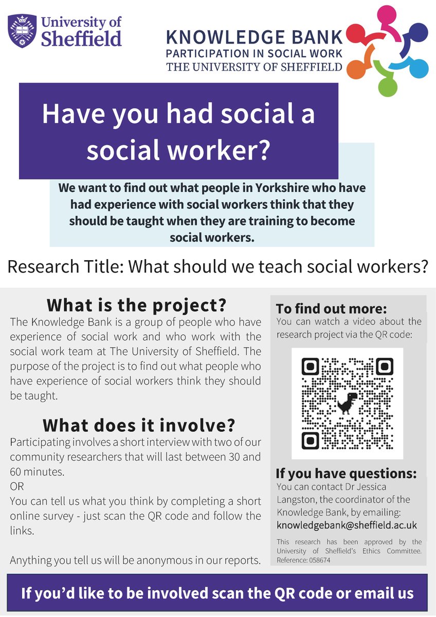 Have you had a social worker? We're looking for volunteers to be interviewed for the research project 'What should we teach social workers?' Find out more below, and scan the QR code to get involved!