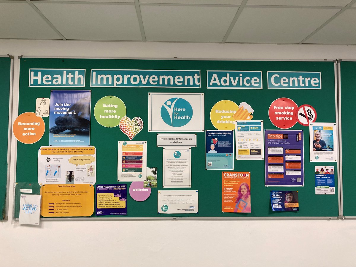 Missed the health promotion event in February & would you like some ideas for becoming more active Head over to the Here for Health noticeboard near the canteen at @OUHospitals Churchill for inspiration 🕺🚵👨‍🦽🚶‍♂️🏊 #MakeYourMove #CPAW24 @WCRF_UK
