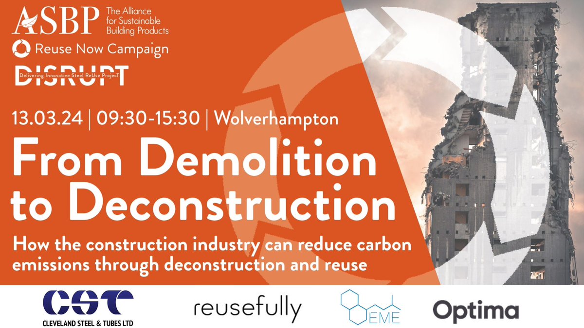 DebbieAnadapta's tweet photo. The wrecking ball may be a thing of the past, but many buildings are still demolished without considering the full potential of reuse of building materials. This #ReUseNow event on 13 March explores the opportunities (& hurdles) of deconstructing buildings https://t.co/7f46wT3Njm https://t.co/JtGOr13Czc