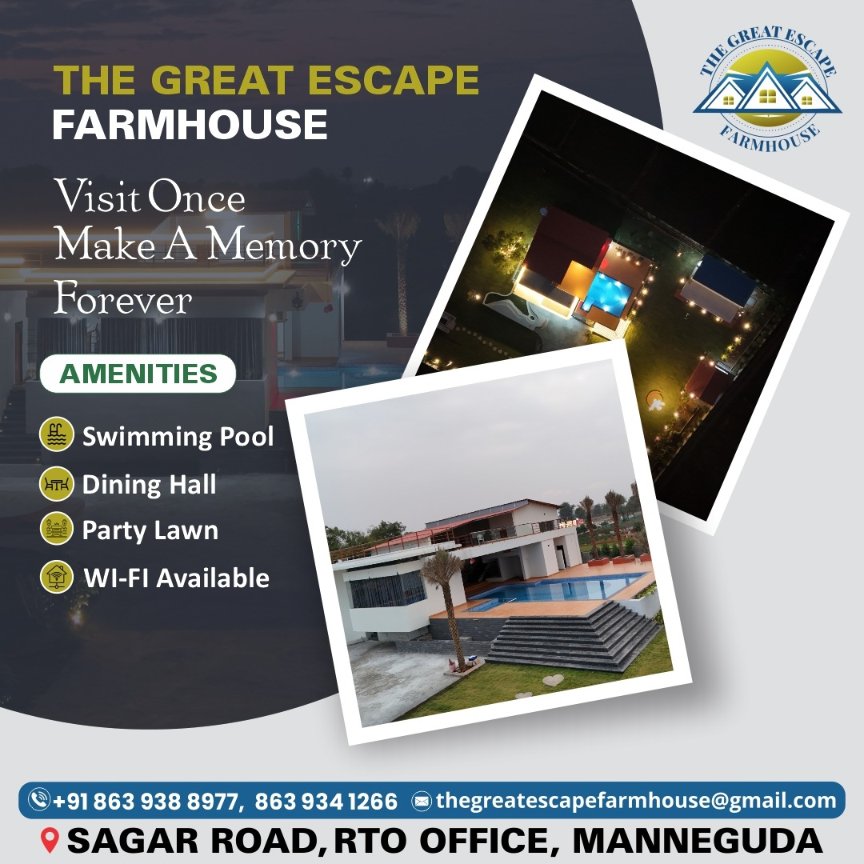 great_escape01's tweet image. The Great Escape Farmhouse is an ideal for reconnecting with nature.
For enquiries or to schedule a visit,
Please contact us: +91 86393 88977/+91 86393 41266
Email Address : thegreatescapefarmhouse@gmail.com
#farmhouse #Manneguda #Hyderabad #LuxuryAmenities #partiesnmore