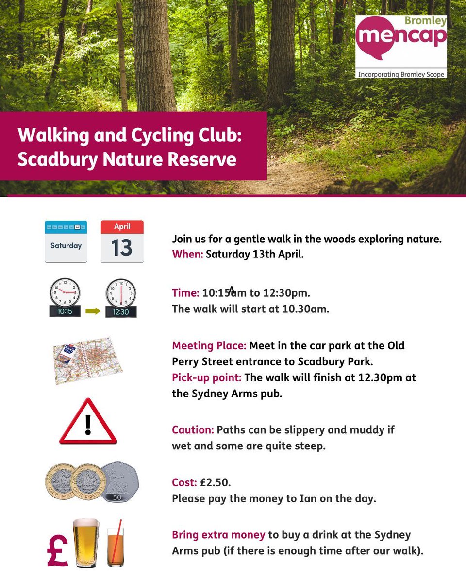 Bromley Mencap (@bromleymencap) on Twitter photo Join us for a gentle walk exploring Scadbury Nature Reserve on Saturday 13th April from 10:15am to 12:30pm.
Cost: £2.50.
Walking and Cycling Club events are open to our adult Bromley Mencap members.
Email enquiries@bromleymencap.org or phone 0208 466 0790 to register. Join us for a gentle walk exploring Scadbury Nature Reserve on Saturday 13th April from 10:15am to 12:30pm.
Cost: £2.50.
Walking and Cycling Club events are open to our adult Bromley Mencap members.
Email enquiries@bromleymencap.org or phone 0208 466 0790 to register.