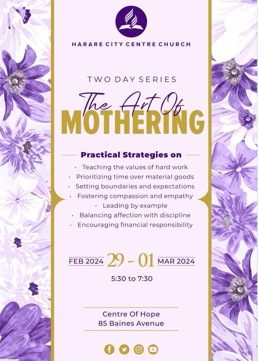 hcccsda's tweet photo. Our Women’s Ministries Department is hosting a 2 Day Seminar on The Art of Mothering happening at Centre of Hope beginning tomorrow and Friday from 17:30 -19:30hrs. 
See you alll mommies there ✌️#hararecitycentresdachurch #hararecitycentresdachurchwomensministries https://t.co/nMTBLoGFGf
