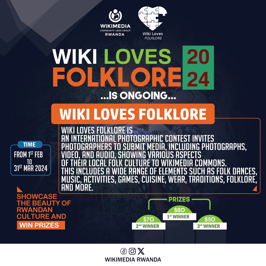 @WikiFolklore is an international photographic contest invites photographers to submit media, including #photographs, #video, and #audio, showing various aspects of their local folk #culture to Wikimedia Commons. For more information click 👉🏽 meta.m.wikimedia.org/wiki/Wiki_Love… #Rwanda