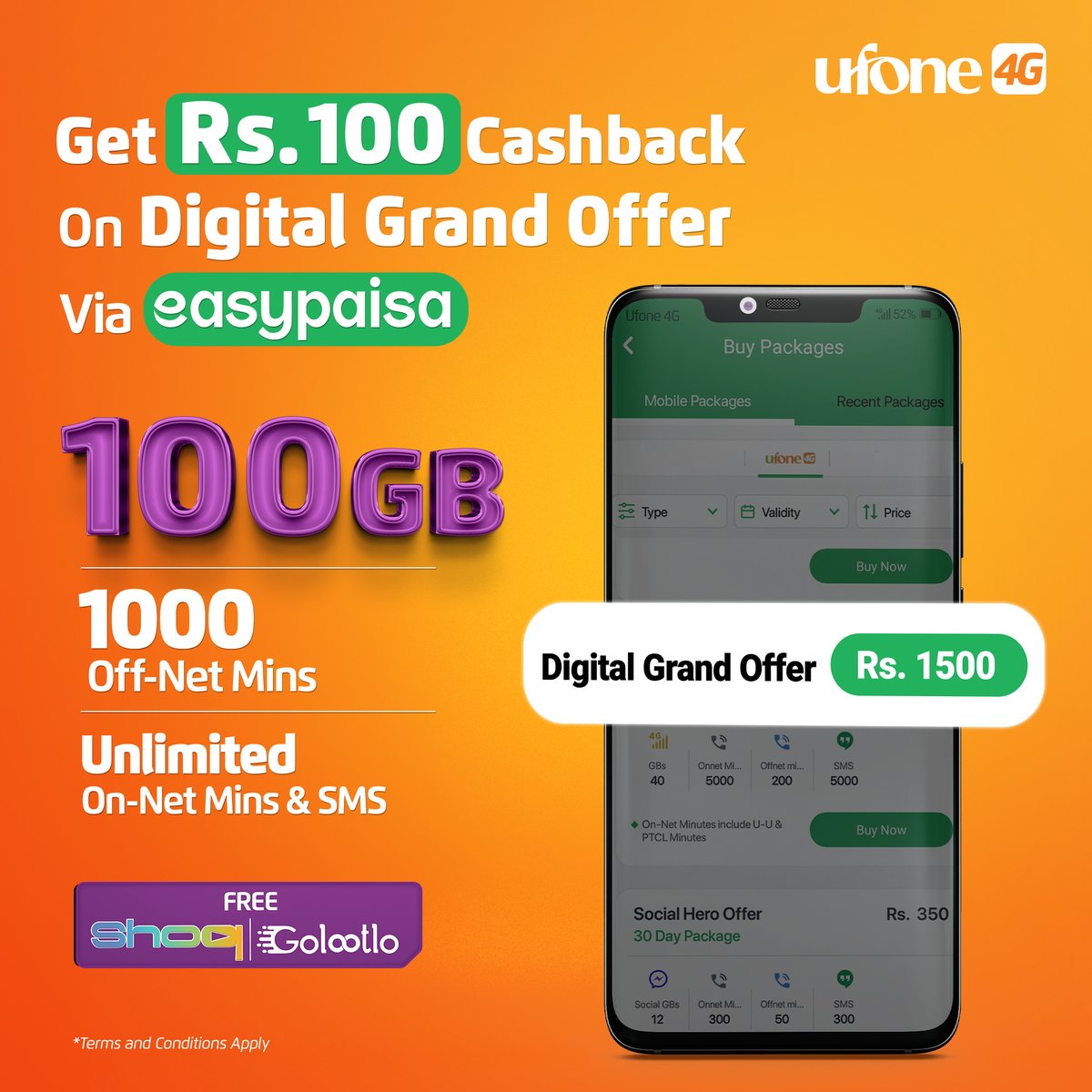 Ufone's tweet photo. "Digital Grand Offer" comes with a Rs. 100 cashback via easypaisa. 😁😎

So, activate this limited-time offer now! 

*Terms and conditions apply : https://t.co/p7qr393Gkv

#Ufone4G #DigitalGrandOffer #easypaisa https://t.co/qCLEfkpI3H