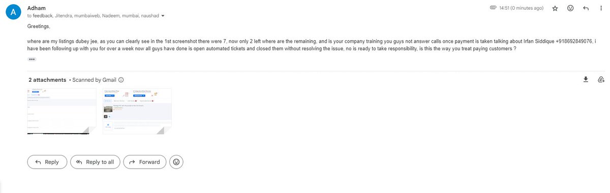 Greetings,

where are my listings dubey jee, as you can clearly see in the 1st screenshot there were 7, now only 2 left where are the remaining, and is your company training you guys not answer calls once payment is taken talking about Irfan Siddique

<a href="/jd_justdial/">Justdial</a> <a href="/JD_Mysore/">Justdial</a>