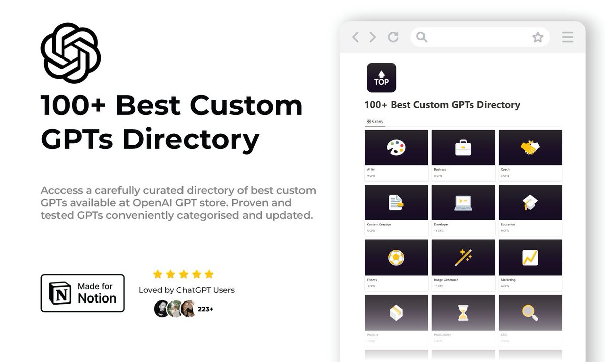 GPT-4 can make you $10,000 per month.

But unfortunately, most people don't know how to use it.

That's why, we created this "100+ custom GPTs directory" for you.

It's free for 24/hrs.

To get this, simply:

• Like &amp; RT
• Reply "GPTs"
• Follow (I will DM you)