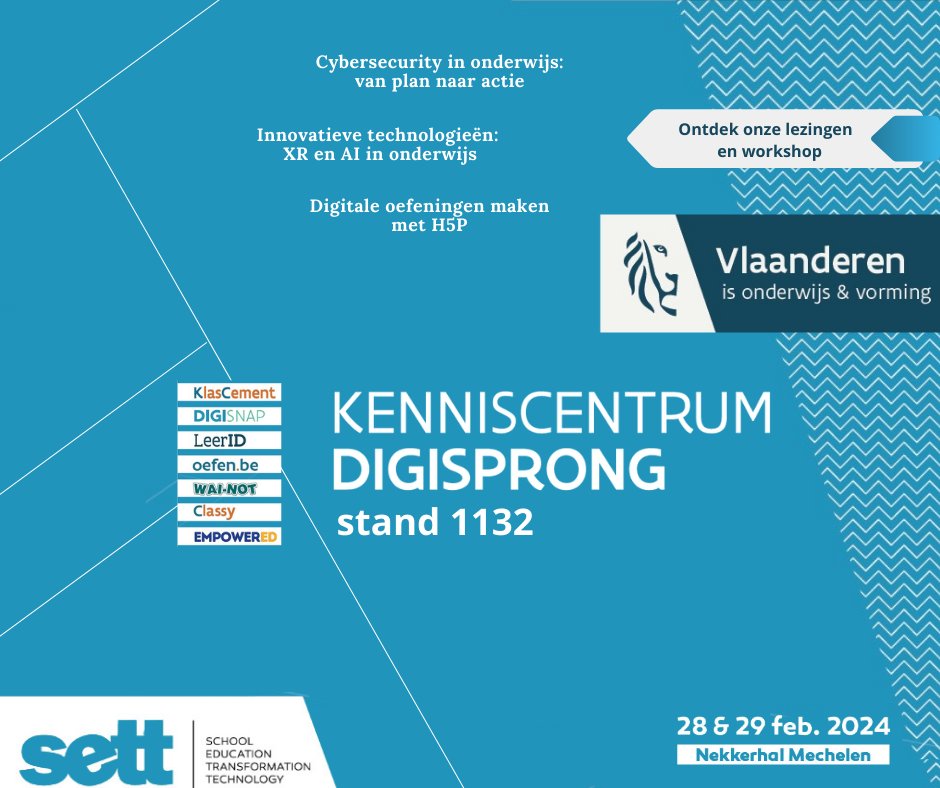 onderwijs_Vl's tweet photo. Breng jij vandaag of morgen een bezoek aan stand 1132 op #SETT2024? Het digiteam en @klascement stellen je graag de nieuw ontwikkelde tools en publicaties van Kenniscentrum #digisprong voor.
ℹ️ https://t.co/WRDex0lJbi https://t.co/ERPZcVrhG6