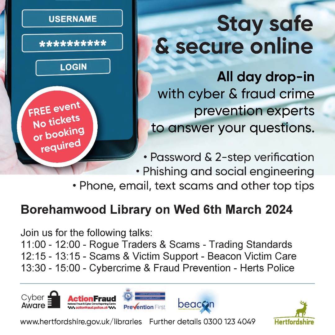 Want to become more Cyber aware, understand different types of scams, and how to protect yourself? Please come along to out Cyber event to talk to our professionals! #cybersecurity #cyberaware #borehamwoodlibrary