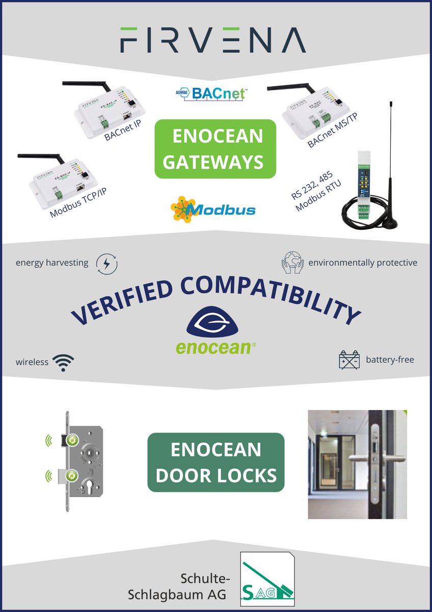 FIRVENA – SCHULTE-SCHLAGBAUM AG MADE THEIR PRODUCTS COMPATIBLE 👏FIRVENA EnOcean Gateways and Schulte-Schlagbaum AG EnOcean mortise locks form a compatible solution which is sustainable, comfortable and cost-saving, and perfectly fit to building automation. #enocean