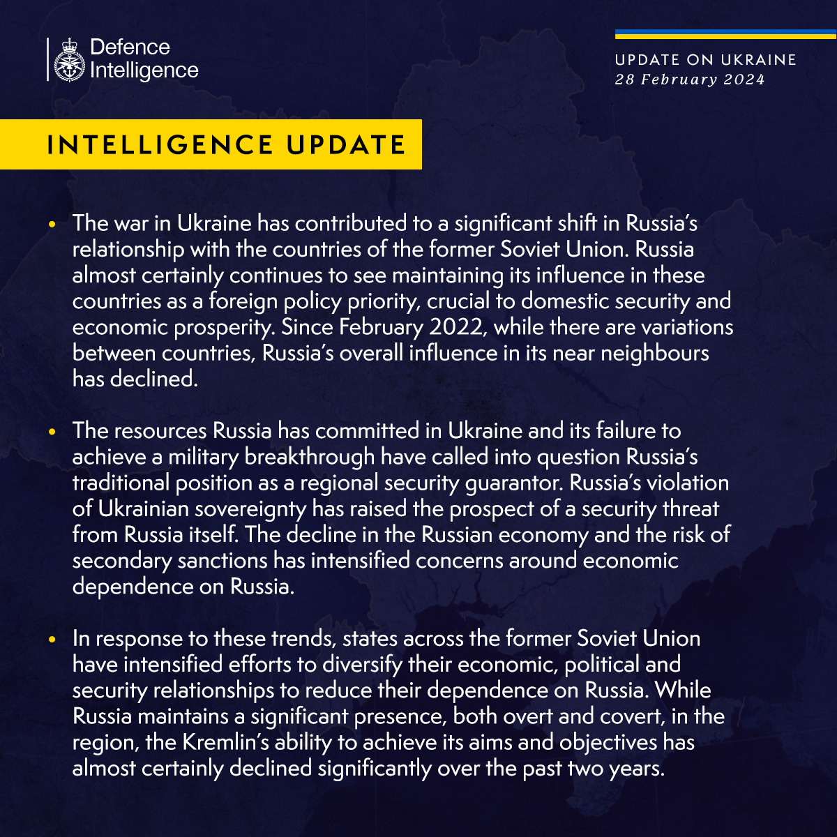 The war in Ukraine has contributed to a significant shift in Russia’s relationship with the countries of the former Soviet Union. Russia almost certainly continues to see maintaining its influence in these countries as a foreign policy priority, crucial to domestic security and economic prosperity. Since February 2022, while there are variations between countries, Russia’s overall influence in its near neighbours has declined.
 
The resources Russia has committed in Ukraine and its failure to achieve a military breakthrough have called into question Russia’s traditional position as a regional security guarantor. Russia’s violation of Ukrainian sovereignty has raised the prospect of a security threat from Russia itself. The decline in the Russian economy and the risk of secondary sanctions has intensified concerns around economic dependence on Russia.