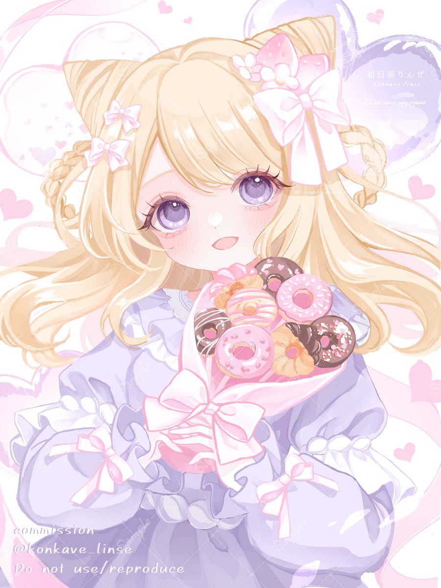 1girl blonde hair food solo doughnut bow purple eyes  illustration images
