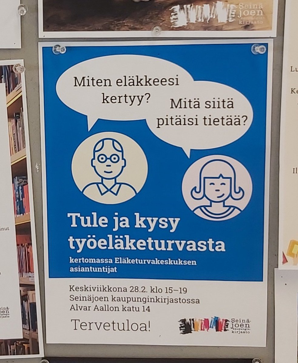 Tule ja kysy työeläketurvastasi ja työeläkejärjestelmästä yleensä. Eläketurvakeskus paikalla Seinäjoen pääkirjastossa tänään 28.2. klo 15 -19. Tervetuloa!  <a href="/YLEPohjanmaa/">YLE Pohjanmaa</a> <a href="/Sjkkaupunki/">Seinäjoen kaupunki</a> <a href="/sedu_suupohjant/">Sedu Seinäjoki - Suupohjantie</a> <a href="/sjkkirjasto/">Seinäjoen kirjasto</a> @ilkkapohjalaine <a href="/LKaupunki/">Lapuan Kaupunki</a>