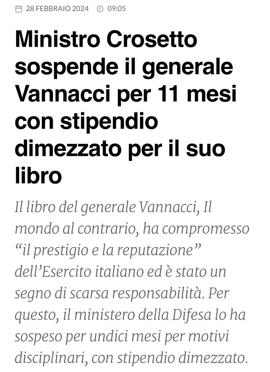 Il curriculum di disvalori si arricchisce. Non stupisce che sia così corteggiato dalla Lega. Intanto proseguono le presentazioni del libraccio, ahimè anche nella mia Latina. Ha ragione su una cosa il generale: è davvero un mondo al contrario.