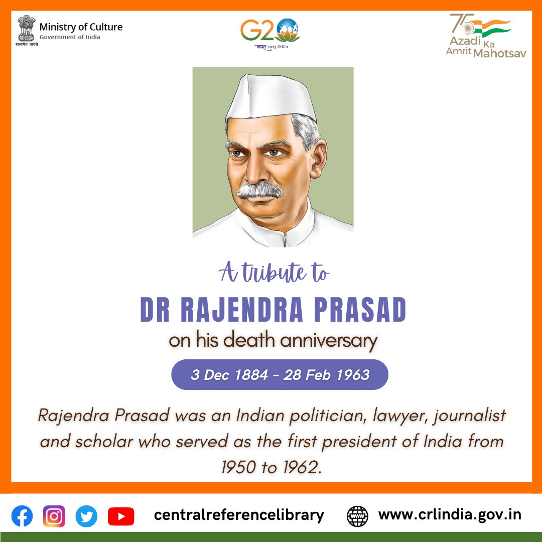 Remembering Dr. Rajendra Prasad on his death anniversary. 🙏🙏
#AmritMahotsav
#MinistryOfCulture
#ourcultureourpride
#indianculture
#chooselife