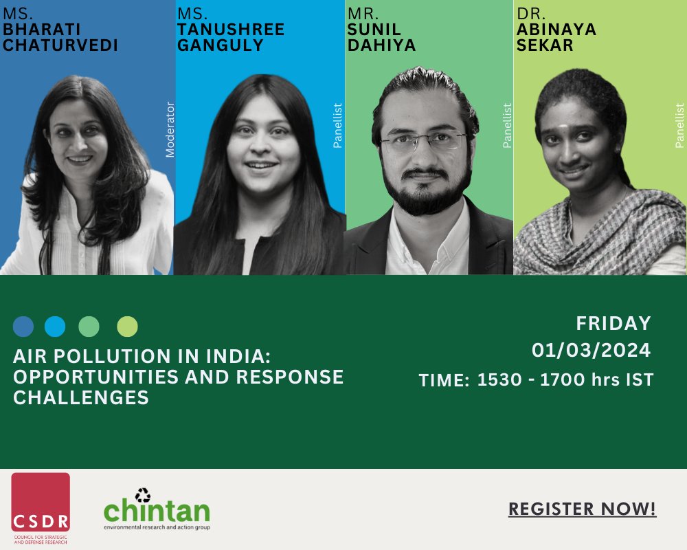 🚨#WebinarAlert @CSDR_India and @ChintanIndia brings to you a webinar on 'Air Pollution in India: Opportunities and Response Challenges' with @abinaya_sekar94 , @tanushree_g , @Sunil_S_Dahiya and moderated by @Bharati09. Join us as our expert panel discusses enduring…