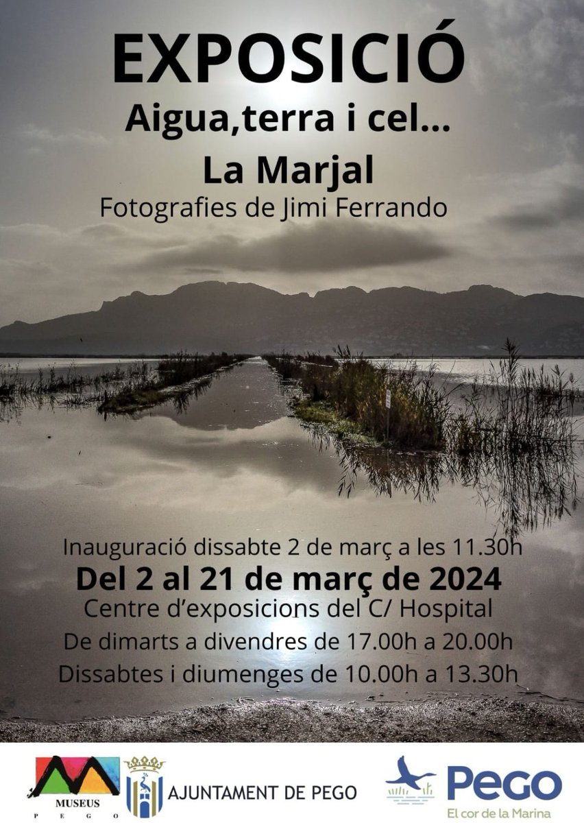 🆕 Aquest cap de setmana s'inaugura una nova exposició al Centre d'Exposicions del carrer Hospital.

📸 Es tracta de la mostra fotogràfica 'Aigua, terra i cel...La Marjal', de Jimi Ferrando.