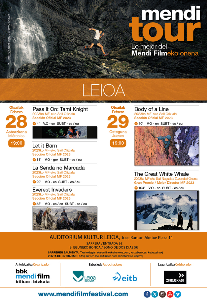 kulturleioa's tweet photo. 🎬⛰️🎬⛰️🎬⛰️
#MendiTour #mendifilm #mendiastea

Lo mejor del @mendifilm|eko onena

GAUR  | HOY (19:00 h)
🎬⛰️🎬⛰️🎬⛰️

– Pass it on: Tami Knight. 4′ (JB/VO)
– Let it bärn. 11’ (JB/VO)
– La senda no marcada. (JB/VO)
– Everest invaders. (JB/VO) https://t.co/sqrvriUjoE