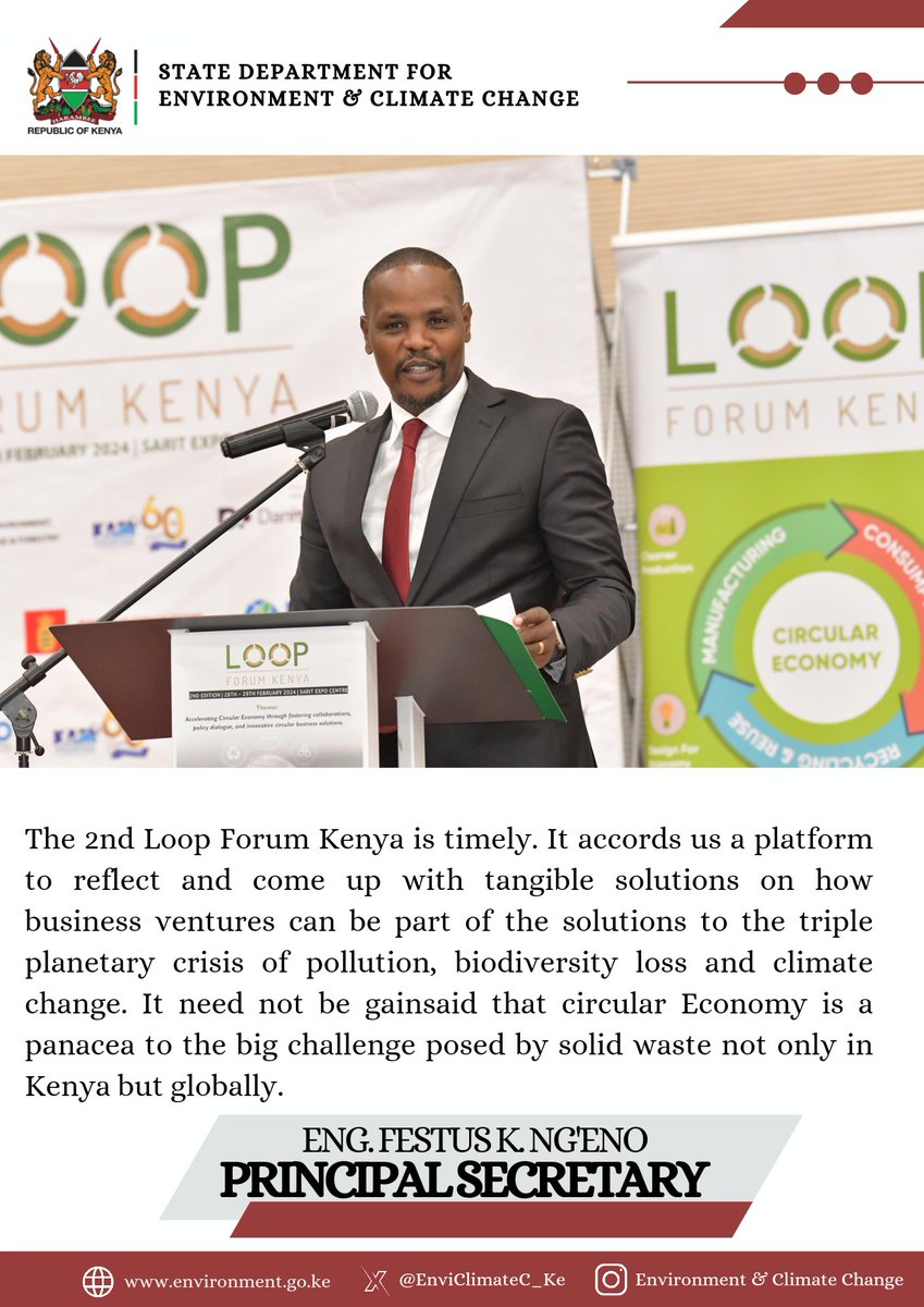 The 2nd Loop Forum Kenya is timely. It accords us a platform to reflect and come up with tangible solutions on how business ventures can be part of the solutions to the triple planetary crisis of pollution, biodiversity loss and climate change ~PS Eng Ng'eno #LoopForumKenya