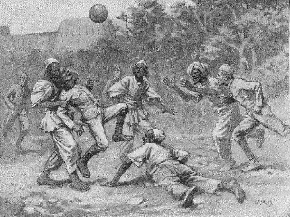 1898: Afridi tribesman from Tirah, who came to Jamrud fort to discuss terms with British, saw some of the latter playing football. Intrigued by it, they joined the game and started playing football in their own way. From 'The Graphic', 2 April 1898. Drawn by W.T.Maud.